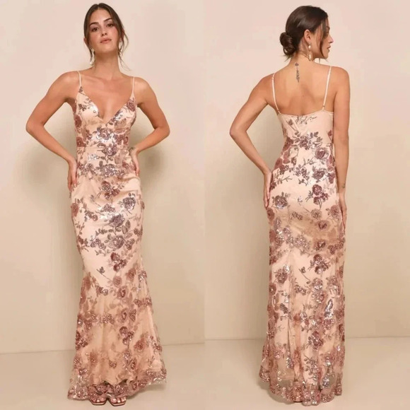 Lulu's Shine Language Rose Gold Sequin Mermaid Maxi Dress Wedding Party Guest - Picture 1 of 9